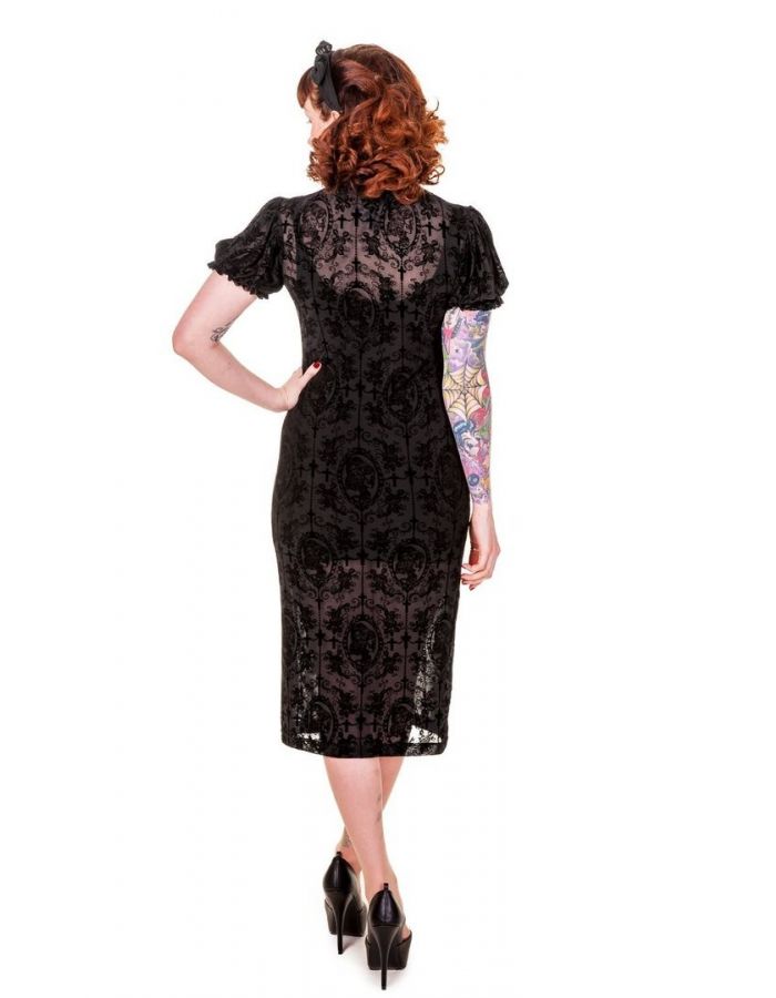 Banned Ladies Gothic Black Floral Crosses Lace Long Skeleton Halloween Dress
