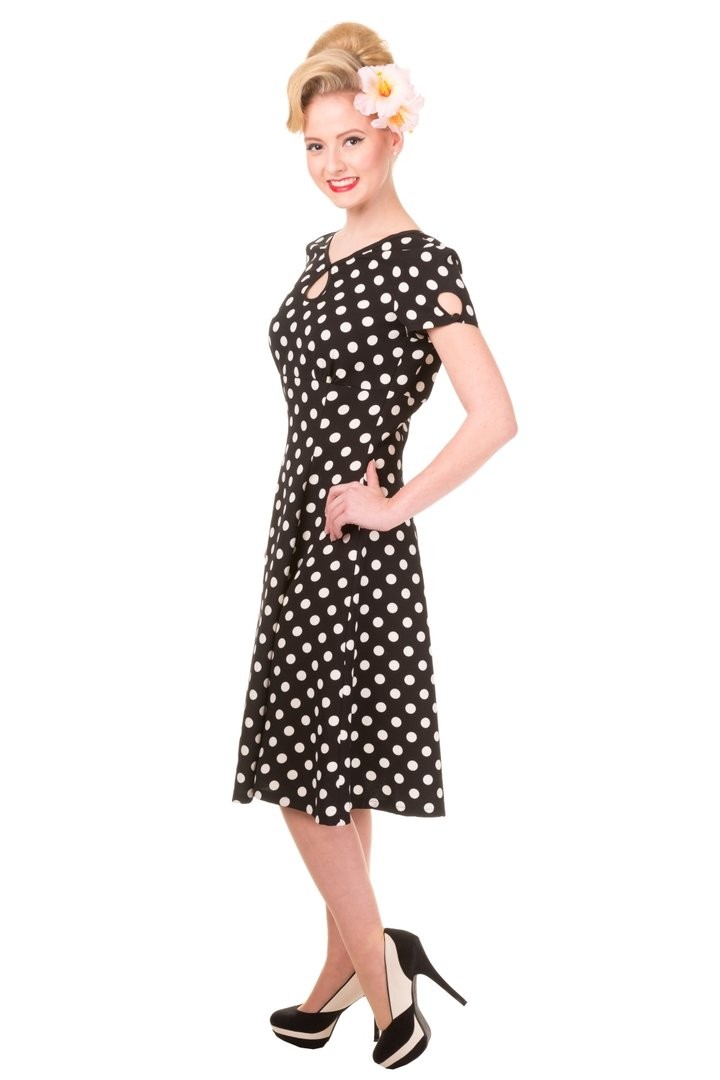 Banned Black All Over White Polka Dots Print Short Sleeve Fit & Flare Design Dress