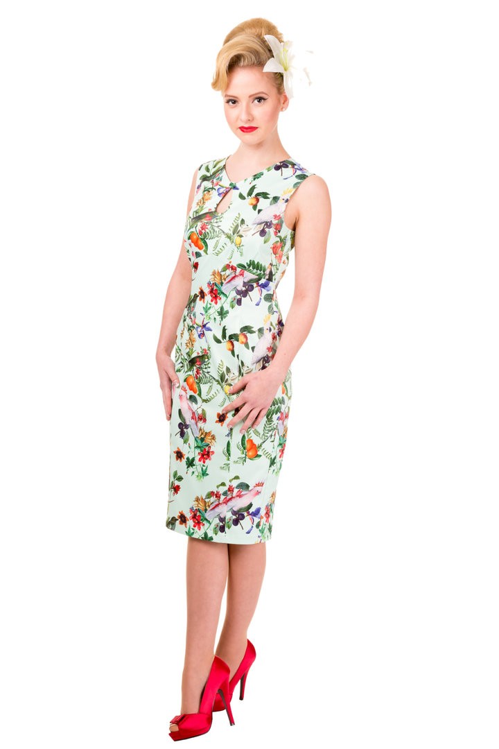 Floral Bird Print Sleeveless Summer Pencil Fitted Dress