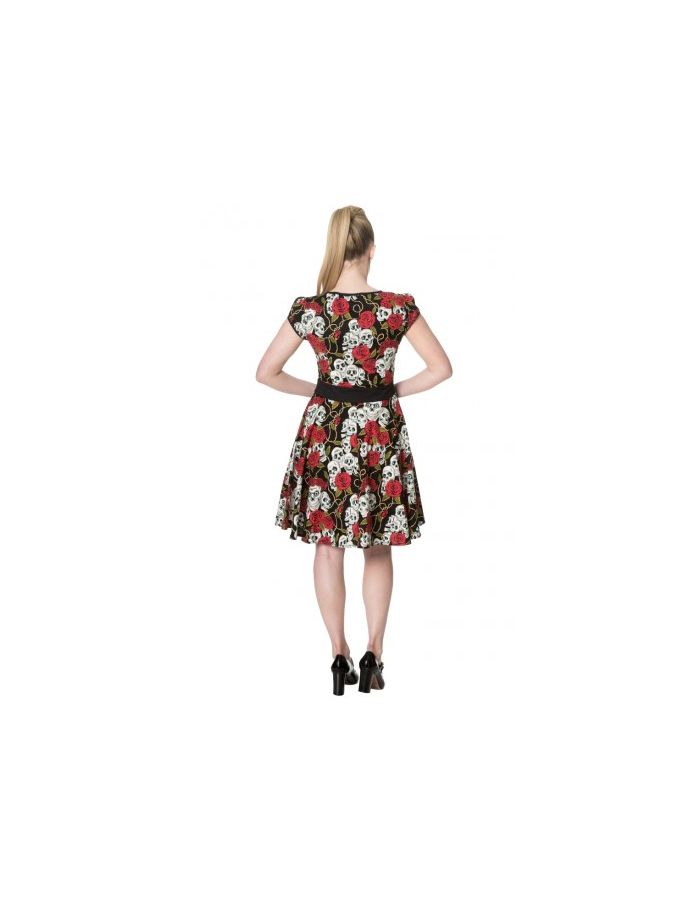 Banned Gothic Skull Roses And Thorns Classic Sleeveless Flared Dress