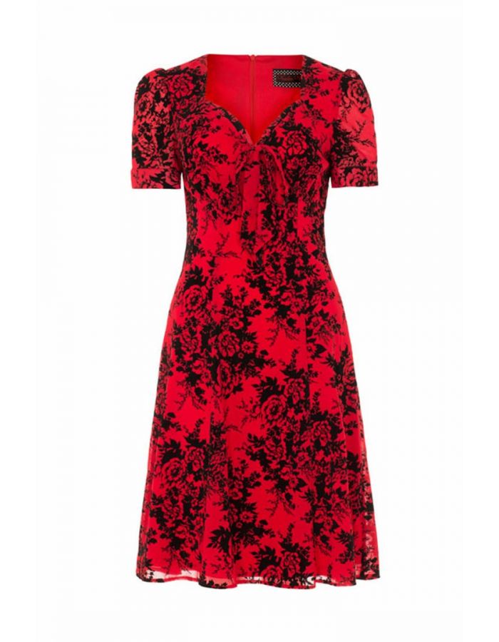 Stunning Voodoo Vixen Black & Red Floral Flock Print Rockabilly Dress