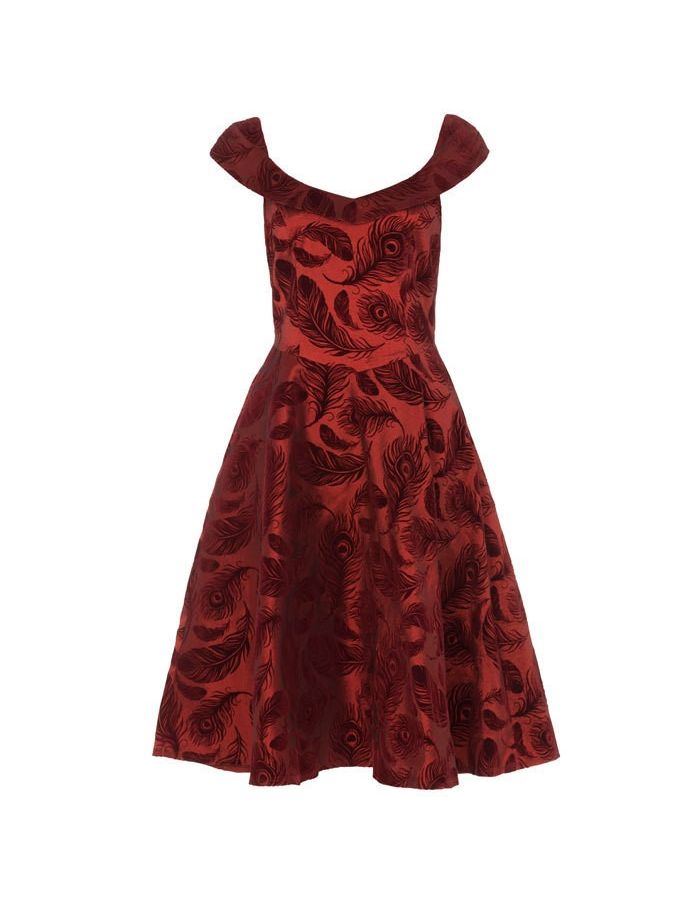 Timeless Voodoo Vixen Wine Red Vintage Peacock Feather Flock Print Dress