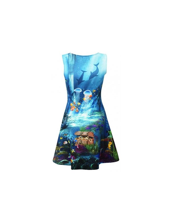Mermaid And Creatures Of The Sea Underwater Printed Sleeveless Skater Dress
