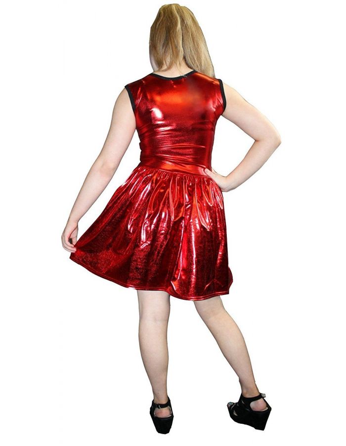 Women's Red Metallic Wetlook Rockabilly Swing Sleeveless Gathering Dress