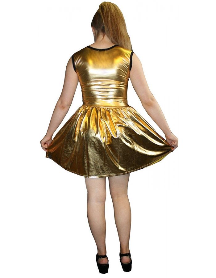 Women's Gold Metallic Wetlook Rockabilly Swing Sleeveless Gathering Dress
