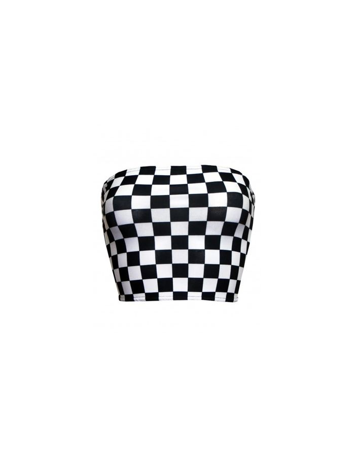 Monochrome Chequered Chess Board Crop Bandeau Cycle Shorts Coord Set