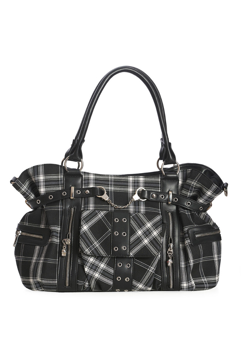 Banned Classic Black And White Tartan Punk Rise up Handcuff Handbag