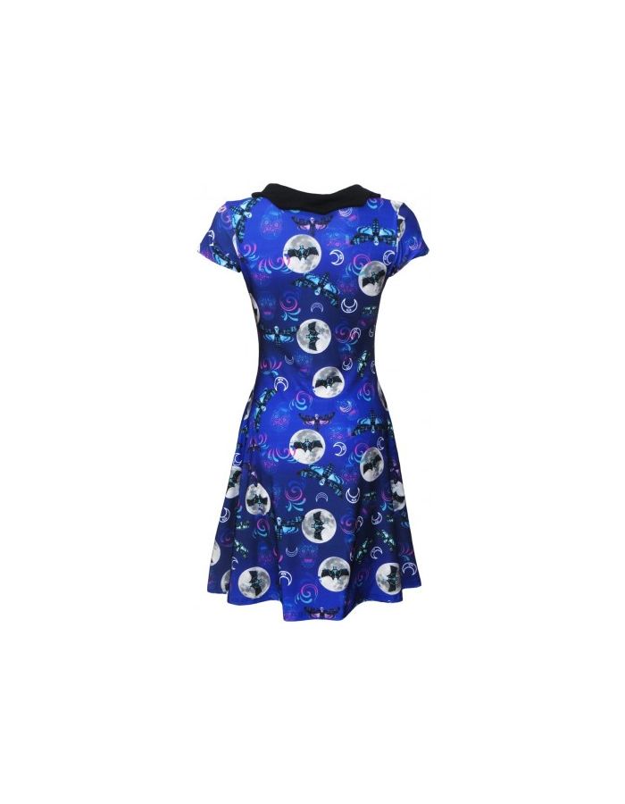 Midnight Sugar Skull Skeleton Butterfly Bat Moon Symbol Halloween Printed Bat Collar Skater Dress