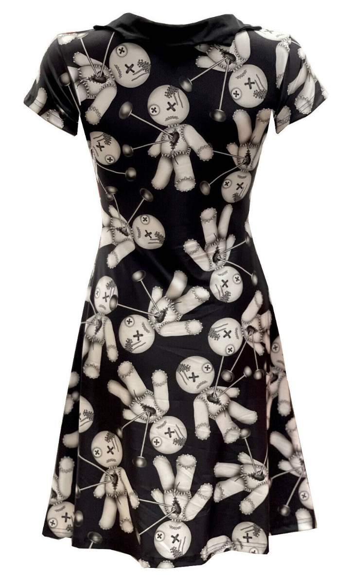 Gothic Black And White Voodoo Doll Printed Collar Dress
