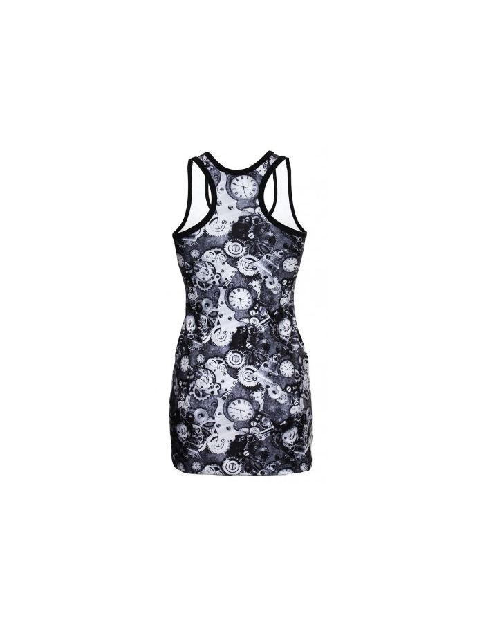 Monochrome Traditional Steampunk Machine Mechanical Cogs Clocks All Over Print Long Vest Top