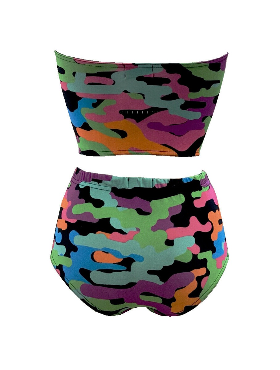 Multi Funky Camouflage Printed Crop Bandeau Top High Waist Bikini Pants Coord Set