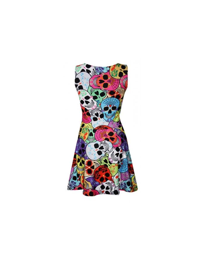 Cute Gothic Multi Sugar Candy Skulls All Over Print Sleeveless Skater Dress