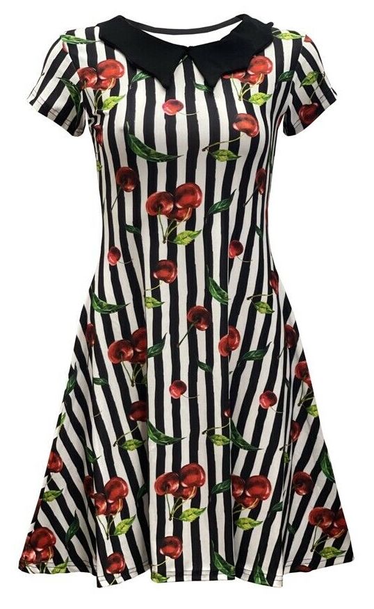 Cherry Tart Monochrome Striped Vintage Retro Printed Collar Dress