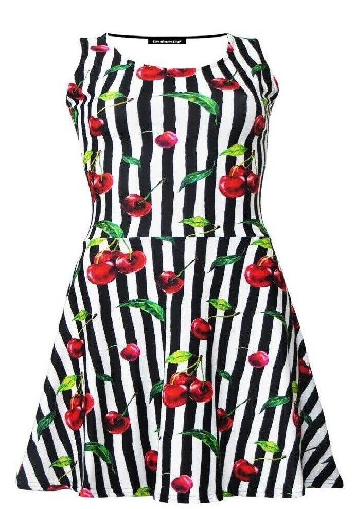 Girl’s Gorgeous Cherry Tart Monochrome Striped Vintage Retro All Over Printed Sleeveless Skater Dress