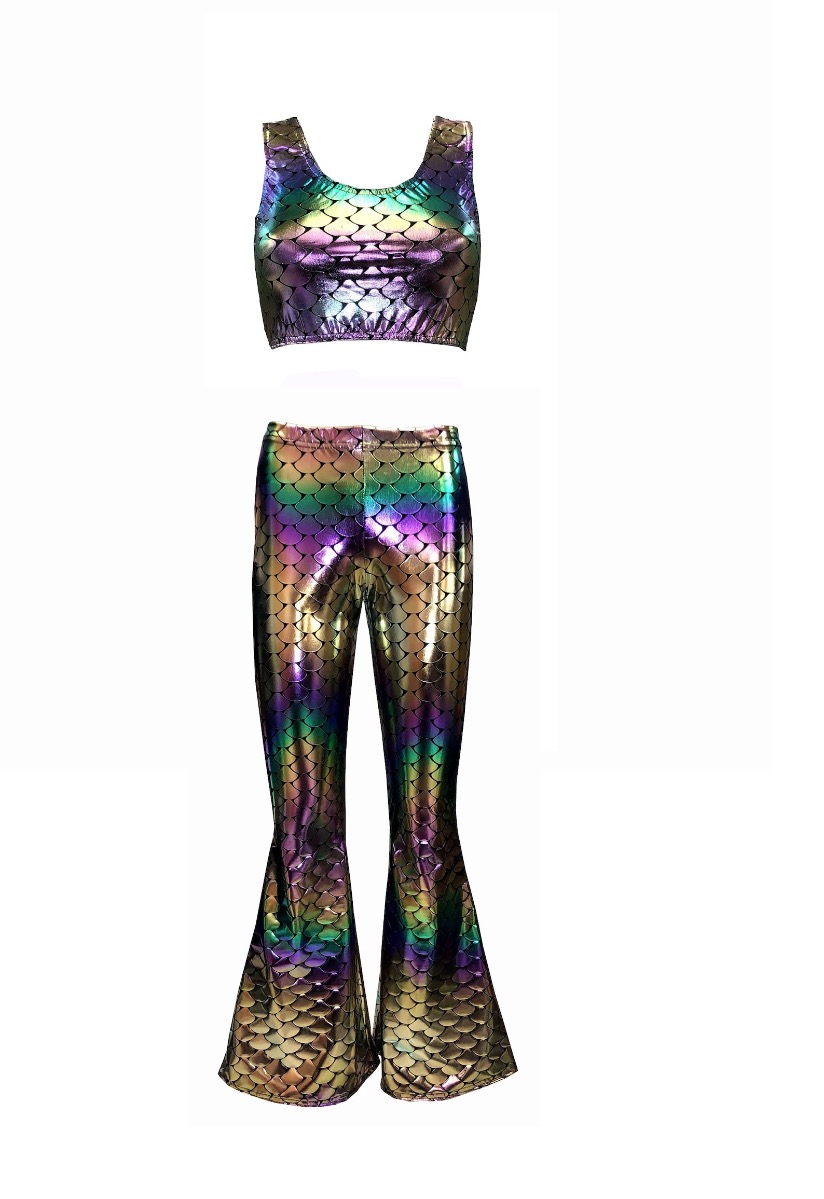 Metallic Shiny Mermaid Fish Scale Fin Rainbow Printed Crop Top Flare Leggings Coord Set