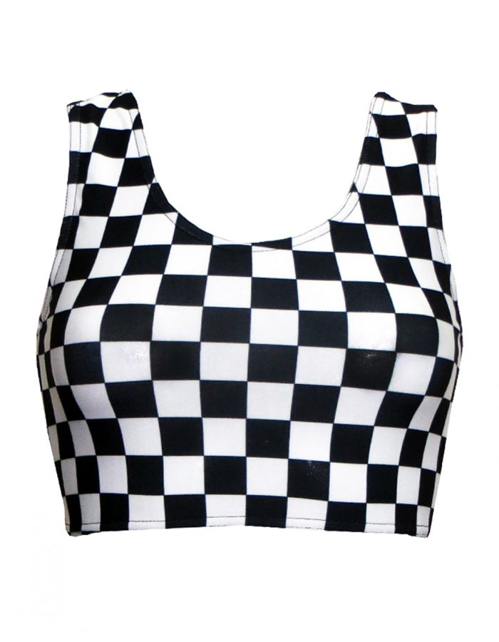 Monochrome Chequered Chess Board Sleeveless Crop Top Cycle Shorts Coord Set