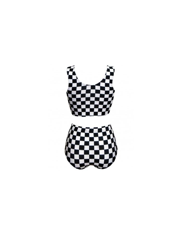 Monochrome Chequered Chess Board Sleeveless Crop Top High Waist Bikini Pants Coord Set