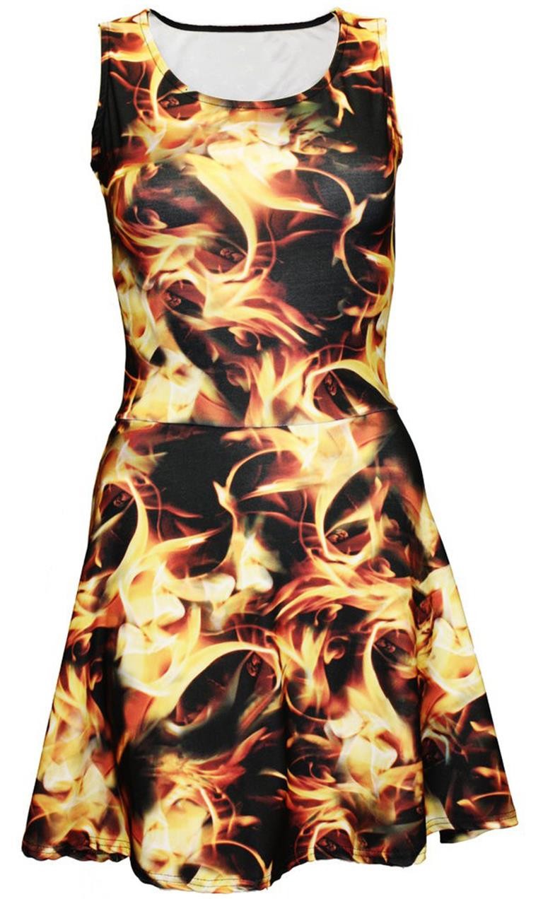 Sexy Hot Fire Flames Print Swing Gothic Sleeveless Skater Dress
