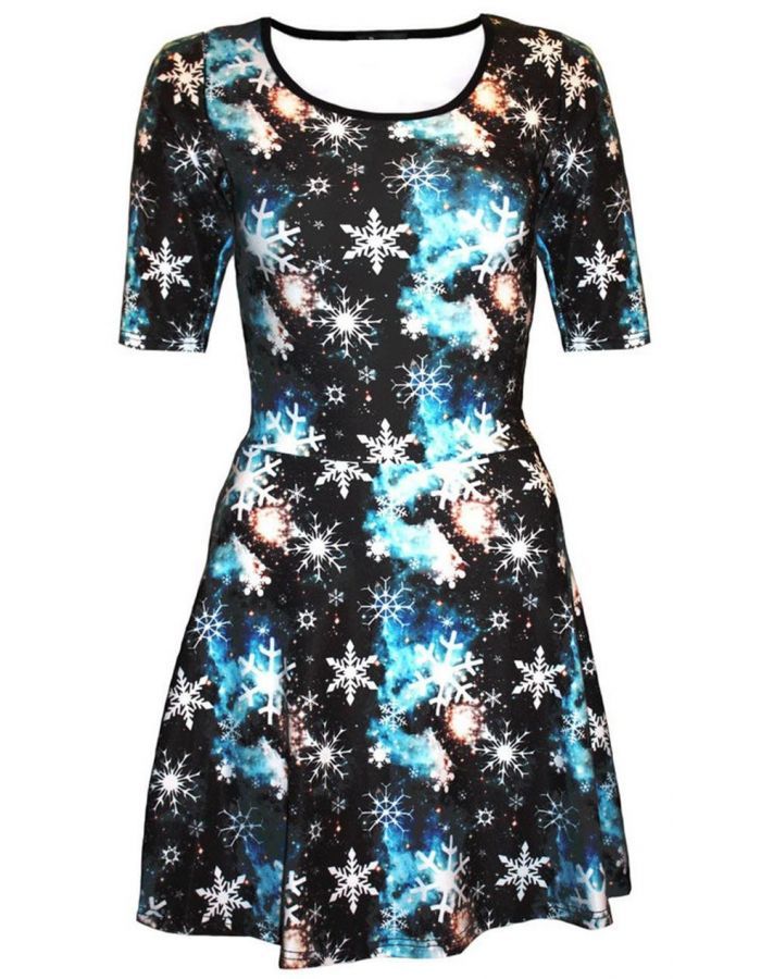 digital print Blue Snowflake Galaxy Beautiful Winter Short Sleeve Skater Dress digital print Blue Snowflake Galaxy Beautiful Winter Short Sleeve Skater Dress