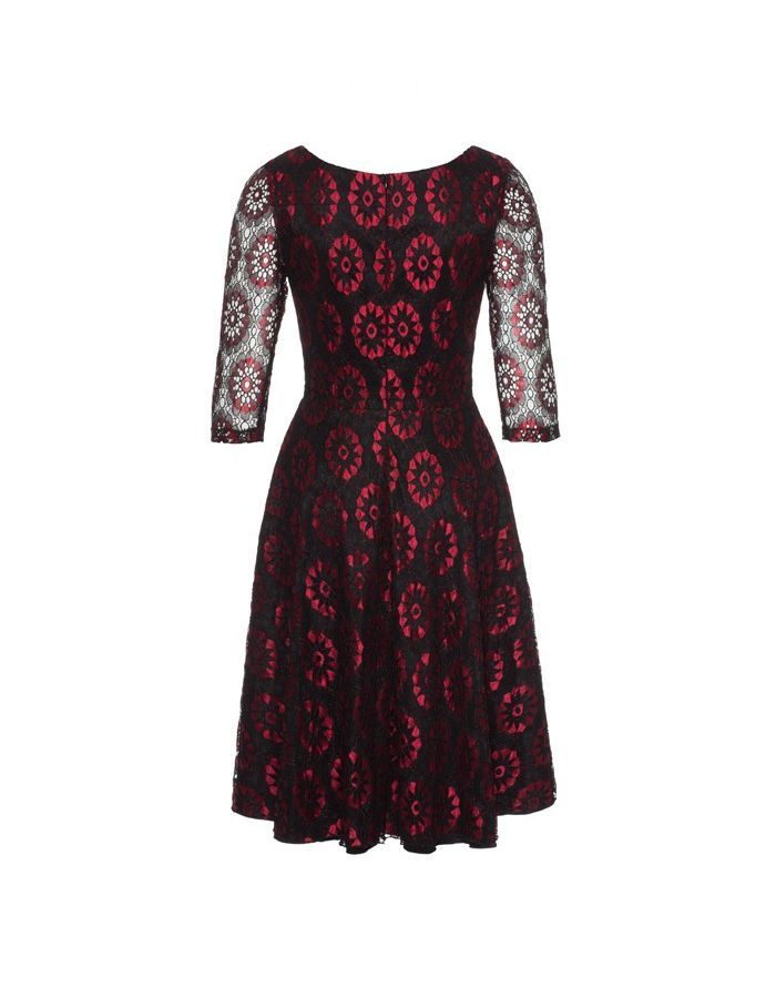 Red & Black Lace Classic Vintage Patterened Knee Length Dress