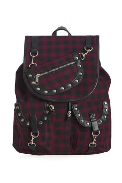 Burgundy Tartan Check Studded Yamy Gingham Check Punk Nugoth Bag Backpack