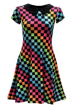 Rainbow Coloured Check Squares Printed Collar Dress