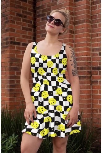 Happy Faces Geometry Mono Checker Board Square Check Funny Crazy Melt Smiley Printed Skater Dress