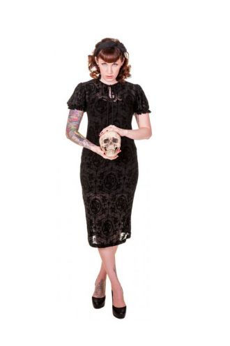 Banned Ladies Gothic Black Floral Crosses Lace Long Skeleton Halloween Dress