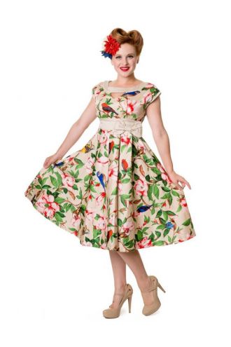 Banned Wonderful Beige Exotic Birds Floral Swing Rockabilly Dress