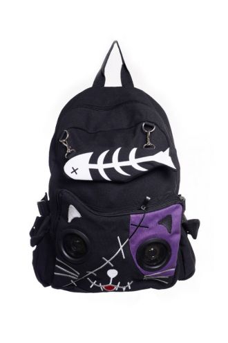 Banned Purple Gothic Kitty Cat Speaker Waterproof Backpack Rucksack Bag