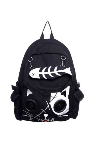 Banned White Gothic Kitty Cat Speaker Waterproof Backpack Rucksack Bag