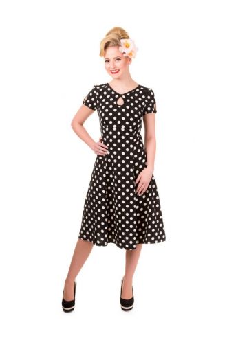 Banned Black All Over White Polka Dots Print Short Sleeve Fit & Flare Design Dress