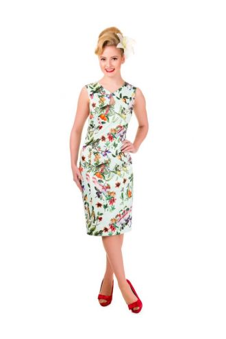 Floral Bird Print Sleeveless Summer Pencil Fitted Dress