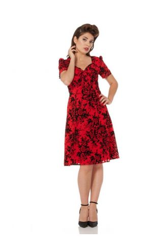 Stunning Voodoo Vixen Black & Red Floral Flock Print Rockabilly Dress