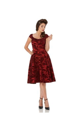 Timeless Voodoo Vixen Wine Red Vintage Peacock Feather Flock Print Dress