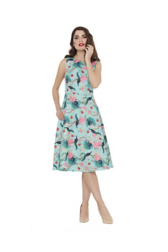 Voodoo Vixen Teal Peacock Animal Print Floral Vintage Retro Dress