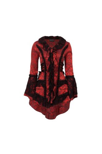 Red And Black Victorian Brocade Satin Damask Gothic Steampunk Lace Frock Jacket Coat