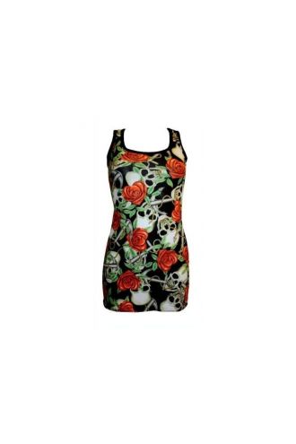 Heart Rose Skull Anchor Tattoo Print Long Vest Tank Top