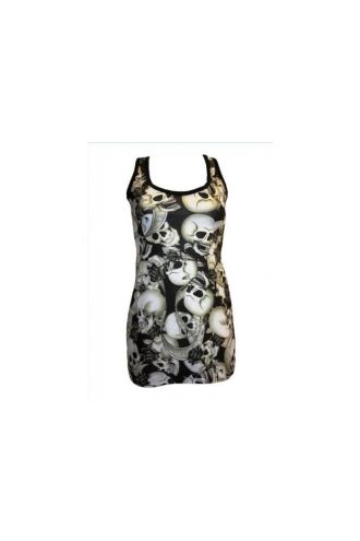 Black & White Skull Flowers Banner Shaded Tattoo Print Long Vest Tank Top