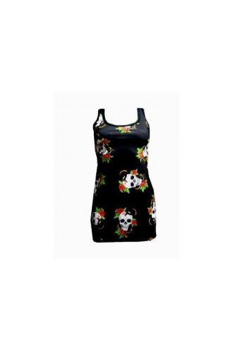 Black Skull Snake Rose Tattoo Print Long Vest Tank Top