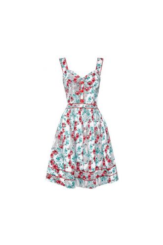Women's White Unique Floral Print 50s Rockabilly Retro Vintage Flared Dress