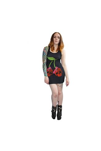 Gothic Cherry Skull With Bow Long Tank Top Dress