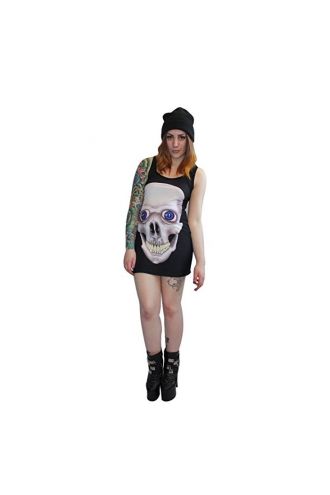 Gothic Blue Eyed Smiling Skull Long Tank Top Dress 