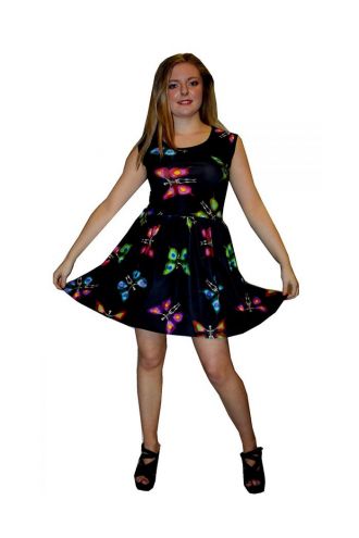 Women's Butterfly Skeleton Tattoo Funky Rockabilly Swing Sleeveless Gathering Dress Goth Punk Emo