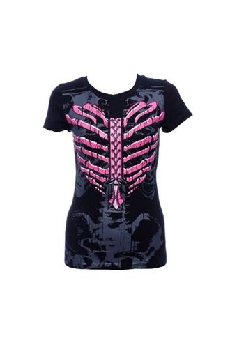 Women's Unique Pink Heart Rib Cage Skeleton Skinny Crew Cut T-Shirt Top