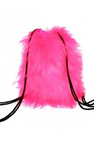 Pink Reflective Long Fluffy Furry Fabric Backpack Hand Bag