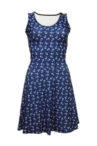 Striking Anchor All-Over Printed & Flared Sleeveless Skater Dress