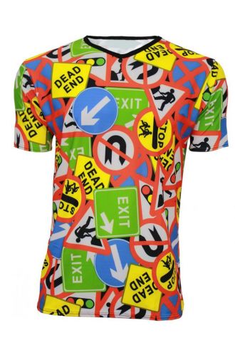 Men's Road Signs Print V-Neck TShirt Tee Top