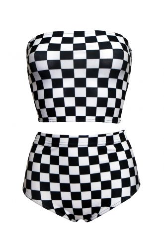 Monochrome Chequered Chess Board Crop Bandeau High Waist Bikini Pants Coord Set