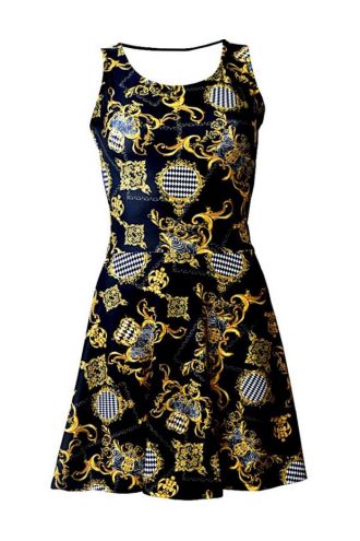 Luxury Royal Baroque Floral Damask Printed Skater Dress